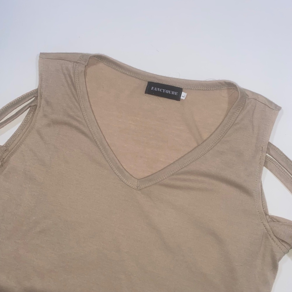 Fancyqube Women Tan Cold Shoulder Cutout V Neck Sleeveless‎ Top Size L